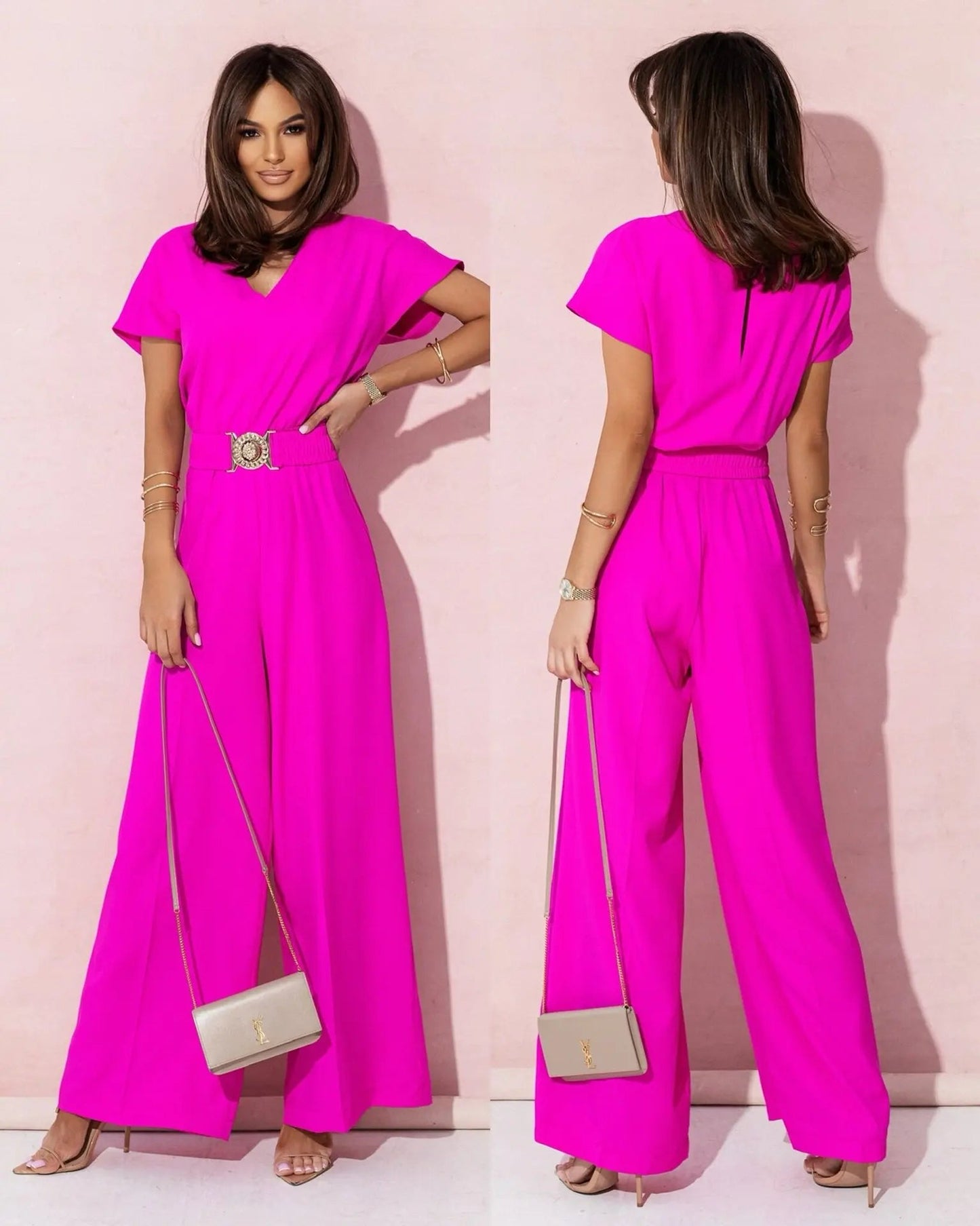 Mode col en v manches courtes taille haute combinaison femmes 2024 été solide jambe large élégant barboteuse Vintage combinaisons salopette femmes MAEJORKEN