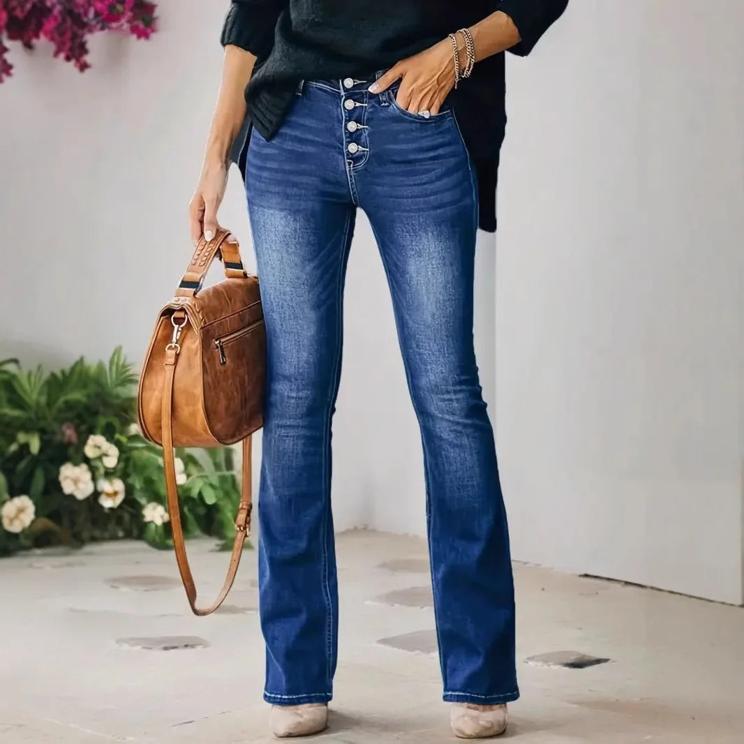 Pantalon évasé en jean pour femme, coupe bootcut, extensible, taille haute, délavé, poches, boutons, pantalon skinny, streetwear 2026 MAEJORKEN