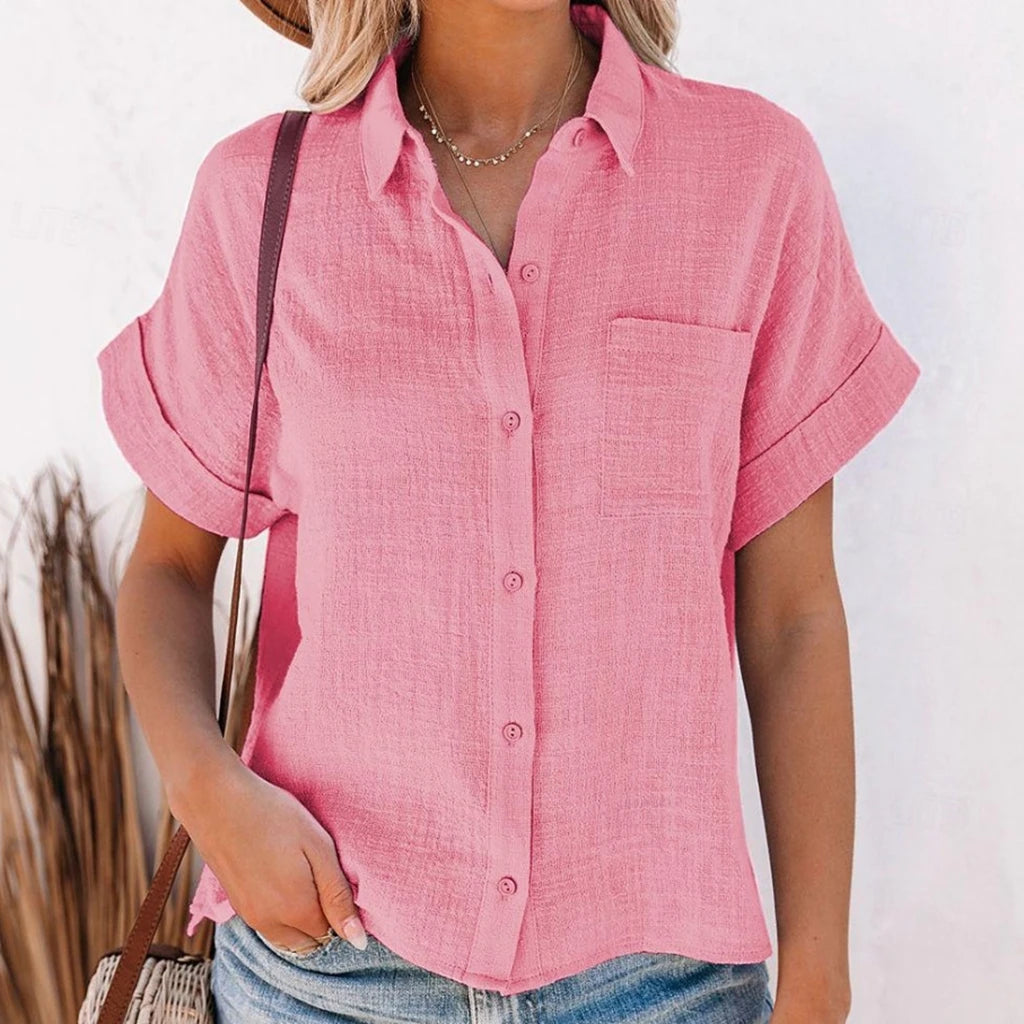 Hauts d'été élégants en coton et lin pour femmes, manches courtes, revers boutonné, chemise de couleur unie avec une poche décontractée MAEJORKEN