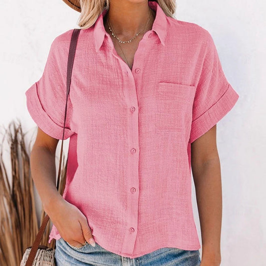 Hauts d'été élégants en coton et lin pour femmes, manches courtes, revers boutonné, chemise de couleur unie avec une poche décontractée MAEJORKEN