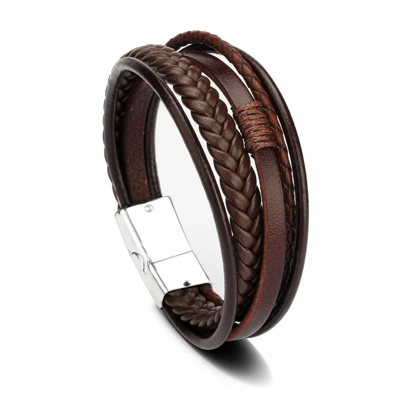 Bracelets en cuir tendance pour hommes, en acier inoxydable, corde tressée multicouche de 21CM, bijoux cadeaux MAEJORKEN