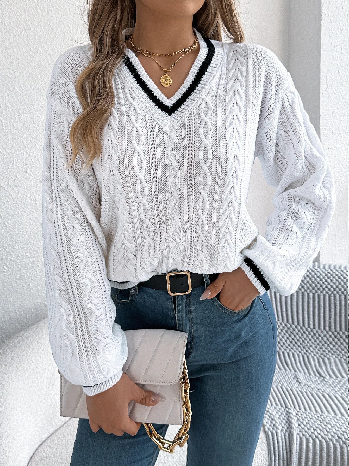 Pull en tricot torsadé à col en V pour femme, bloc de couleur, manches longues, ample, décontracté, tricoté MAEJORKEN