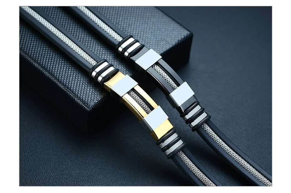 Vnox - Bracelet en acier inoxydable, bracelet pour homme, bracelet punk à maillons en silicone rainuré noir, bracelet punk élégant et décontracté MAEJORKEN