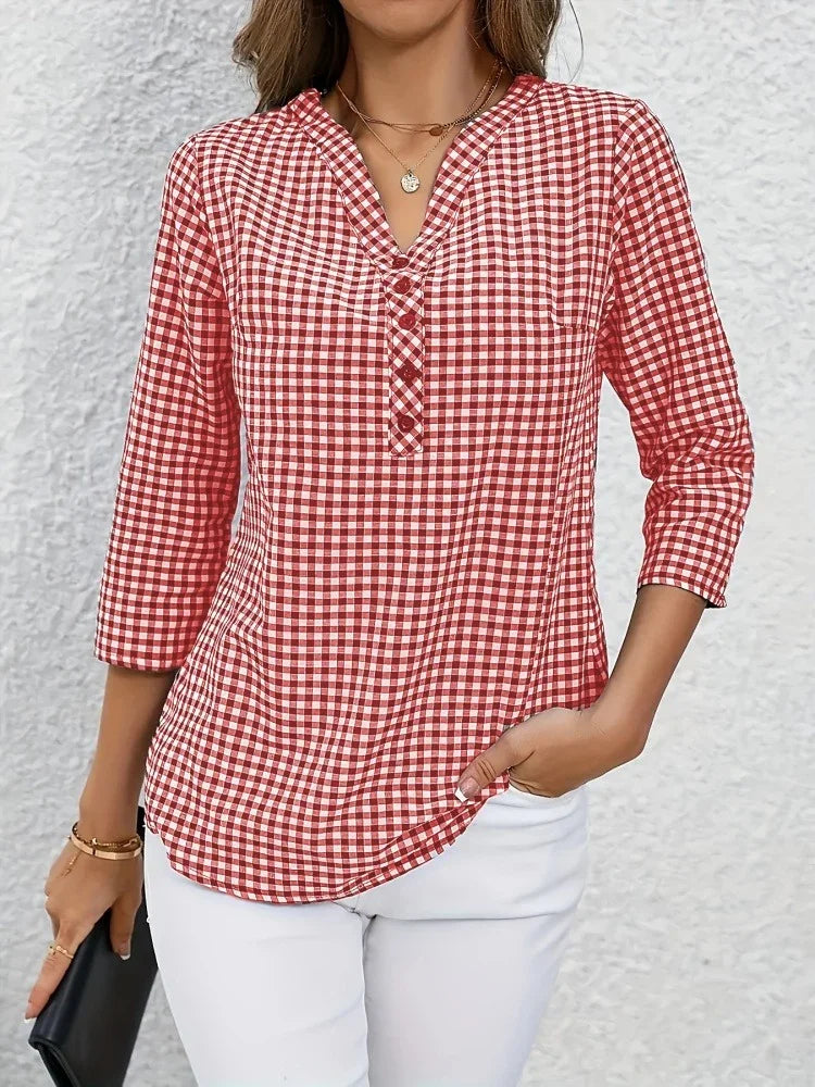 Grande taille printemps automne femmes Fine Plaid mode à manches longues col en v Blouse coupe ajustée tempérament haut ventre couvrant petites chemises MAEJORKEN