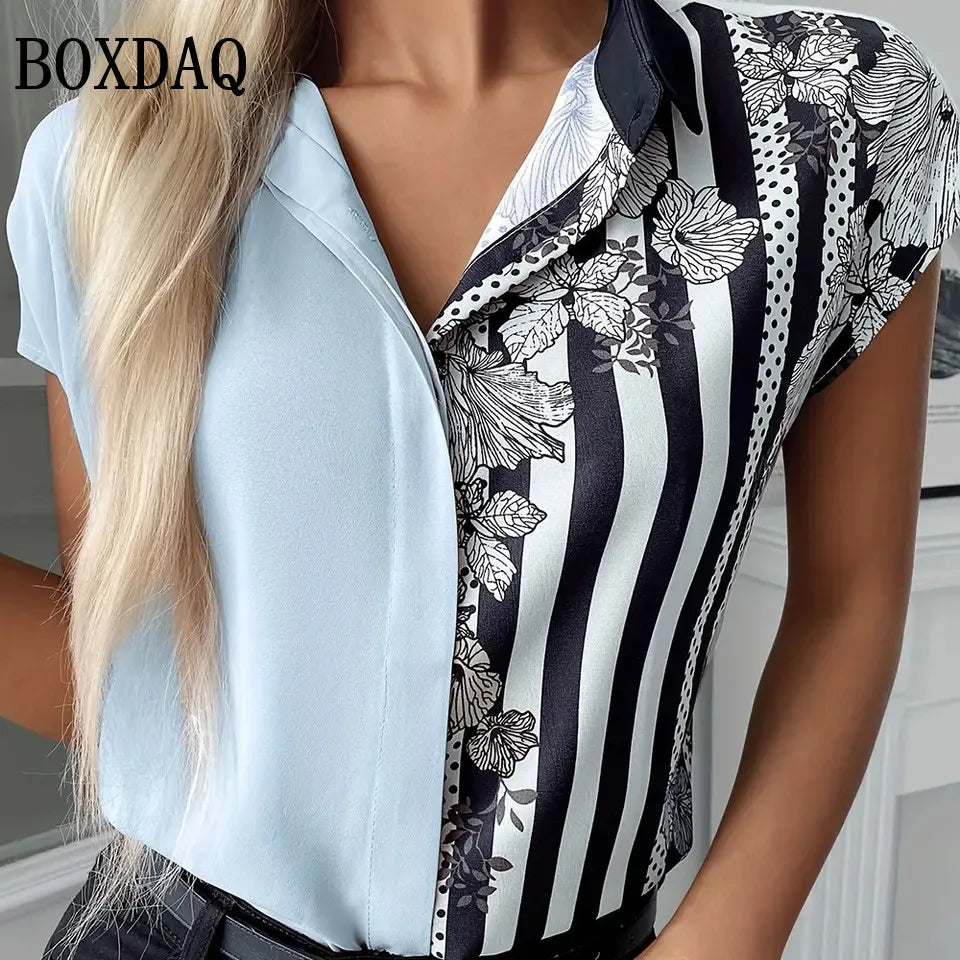 Femmes chemises simples mode rayé imprimé fleuri Blouse été plage revers décontracté hauts femmes grande taille bouton ample à manches courtes MAEJORKEN