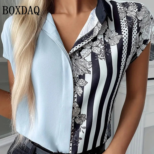Femmes chemises simples mode rayé imprimé fleuri Blouse été plage revers décontracté hauts femmes grande taille bouton ample à manches courtes MAEJORKEN