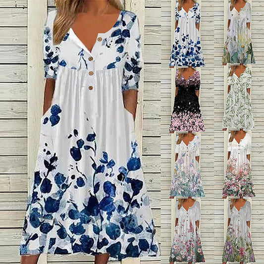 2024 Europe et États-Unis printemps nouvelle mode imprimé col en v bouton manches courtes grande taille taille femme poche femme MAEJORKEN