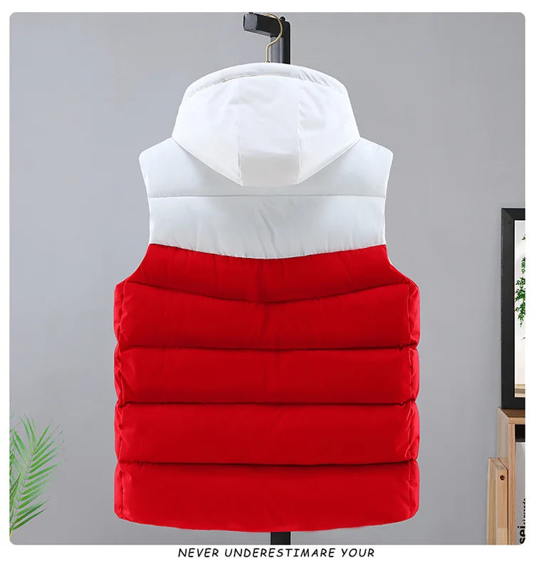 2025 hommes hiver épaissir vers le bas coton gilet épissure sans manches Parka veste décontracté coupe-vent chaud gilet hommes fermeture éclair vêtements d'extérieur à capuche MAEJORKEN