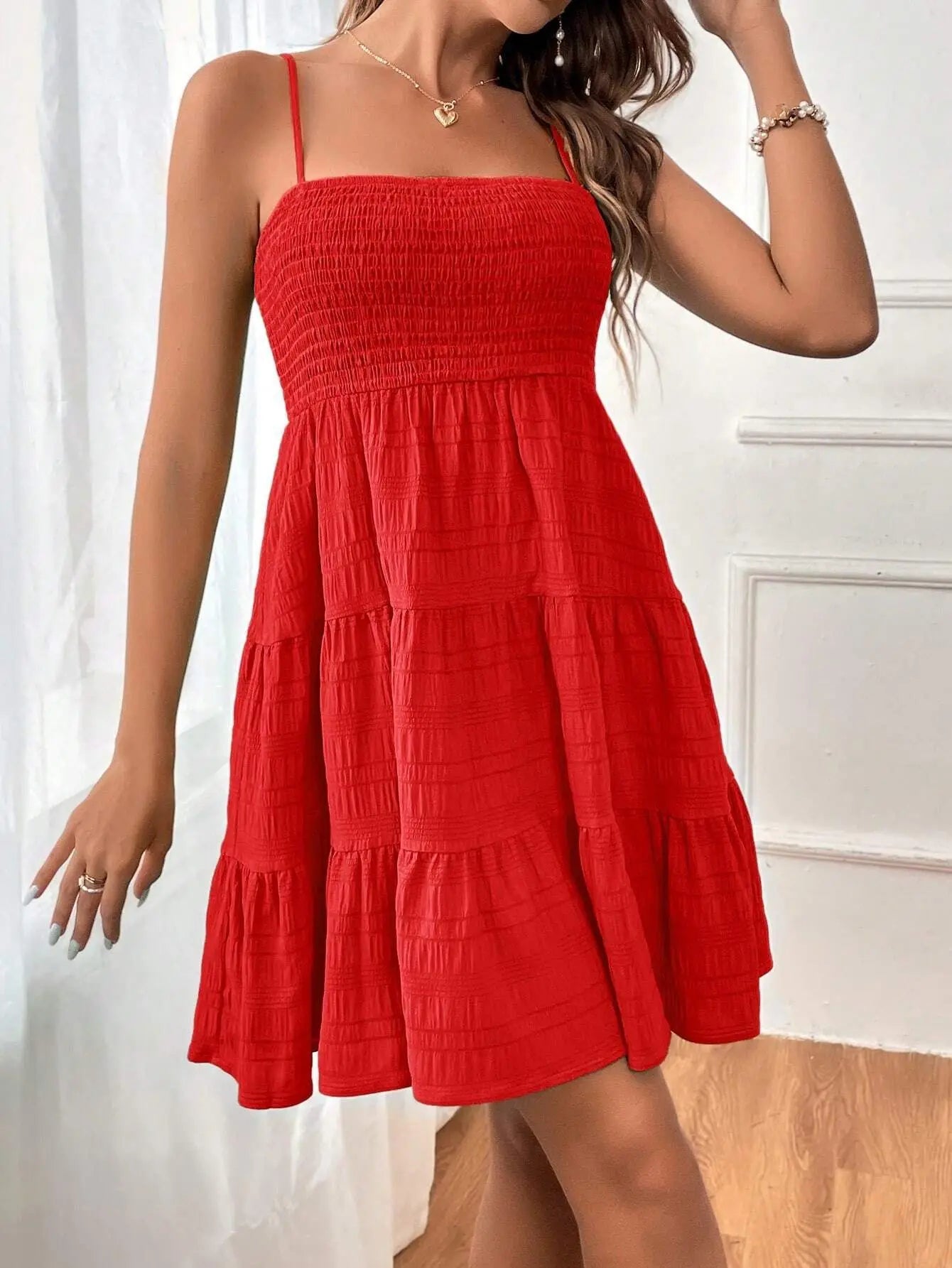 Mode femme Spaghetti sangle smocké Bustier Mini robe bleu à volants à plusieurs niveaux robe trapèze été décontracté vacances vêtements de plage du S au 2XL MAEJORKEN