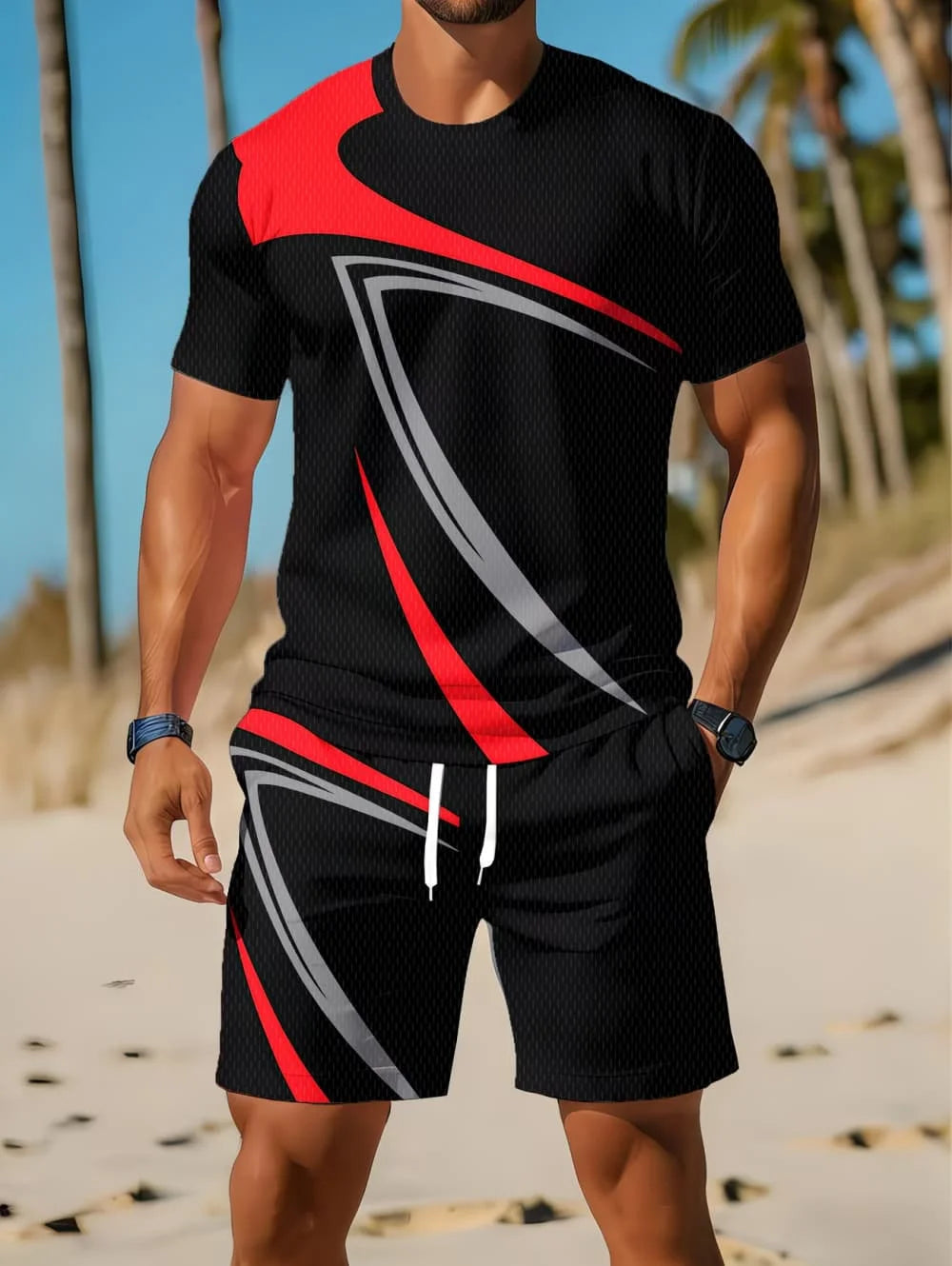 Nouvel Arrivage Été 2026 – Ensemble Décontracté Homme Deux Pièces : Chemise Rayée Imprimée 3D à Manches Courtes et Short de Sport – Ensemble de Fitness pour Homme MAEJORKEN