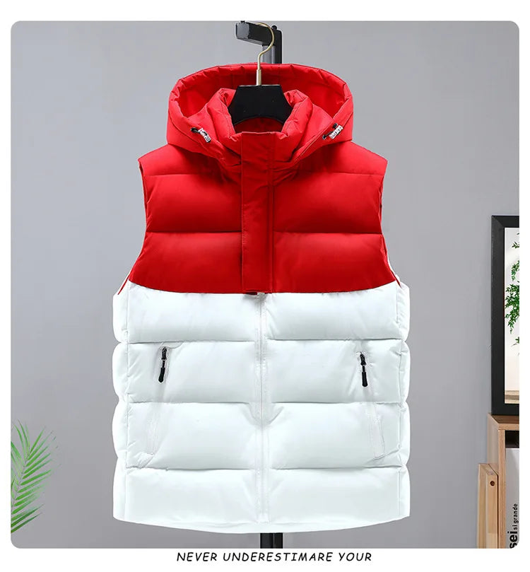 2025 hommes hiver épaissir vers le bas coton gilet épissure sans manches Parka veste décontracté coupe-vent chaud gilet hommes fermeture éclair vêtements d'extérieur à capuche MAEJORKEN