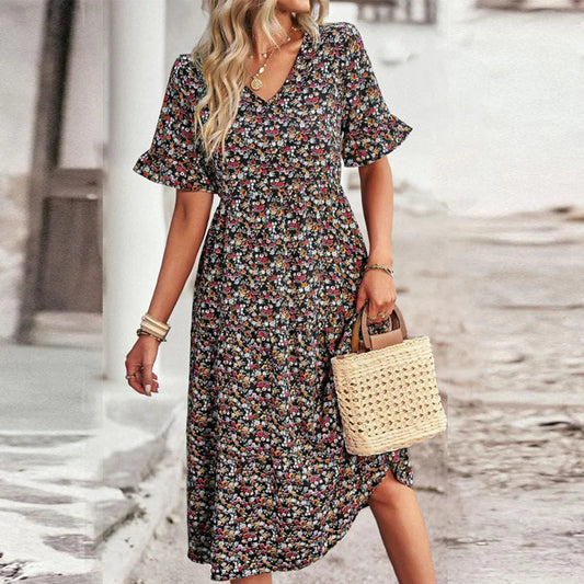 Robe grande taille pour femme, jupe à manches courtes à volants et col en V imprimé floral, élégante et confortable, adaptée aux vêtements de vacances MAEJORKEN