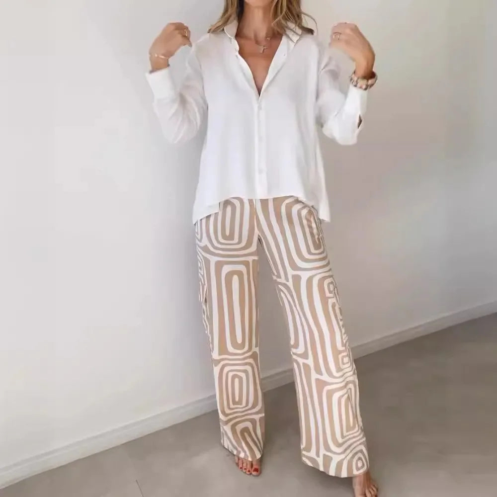 Ensemble élégant décontracté couleur unie taille élastique pantalon imprimé du S au 3XL