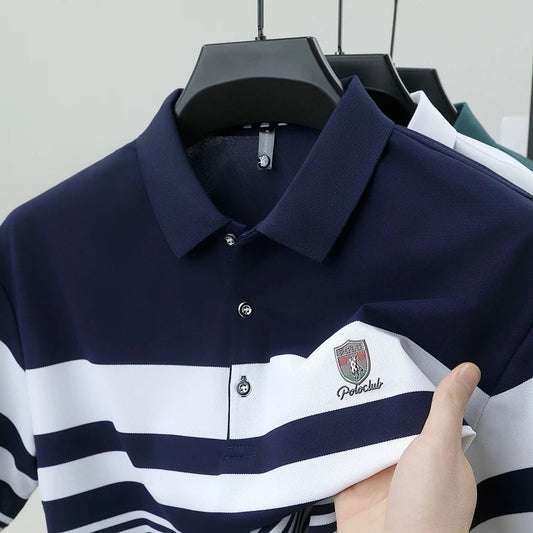 Polo à manches courtes pour hommes marque haut de gamme en relief mode rayure couleur bloquée été soie glacée respirant luxe Paul T-shirt MAEJORKEN