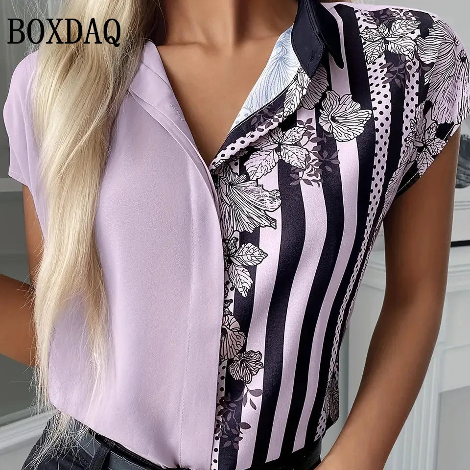 Femmes chemises simples mode rayé imprimé fleuri Blouse été plage revers décontracté hauts femmes grande taille bouton ample à manches courtes MAEJORKEN