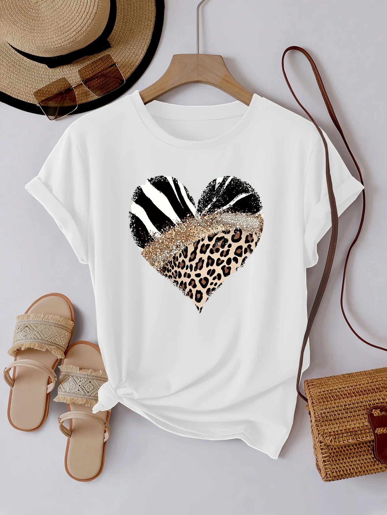 Femmes décontracté à manches courtes avec imprimé léopard zèbre rayure coeur Design paillettes Accent haut décontracté Harajuku manches courtes décontracté MAEJORKEN