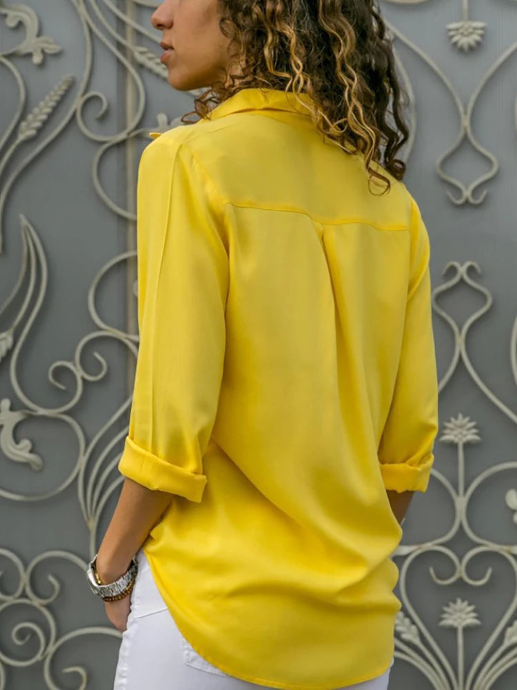 Chemisier élégant en mousseline de soie pour femmes, couleur unie, décontracté, manches longues, col en V, chemise ample, tunique de bureau, hauts surdimensionnés, printemps été, 2024 MAEJORKEN