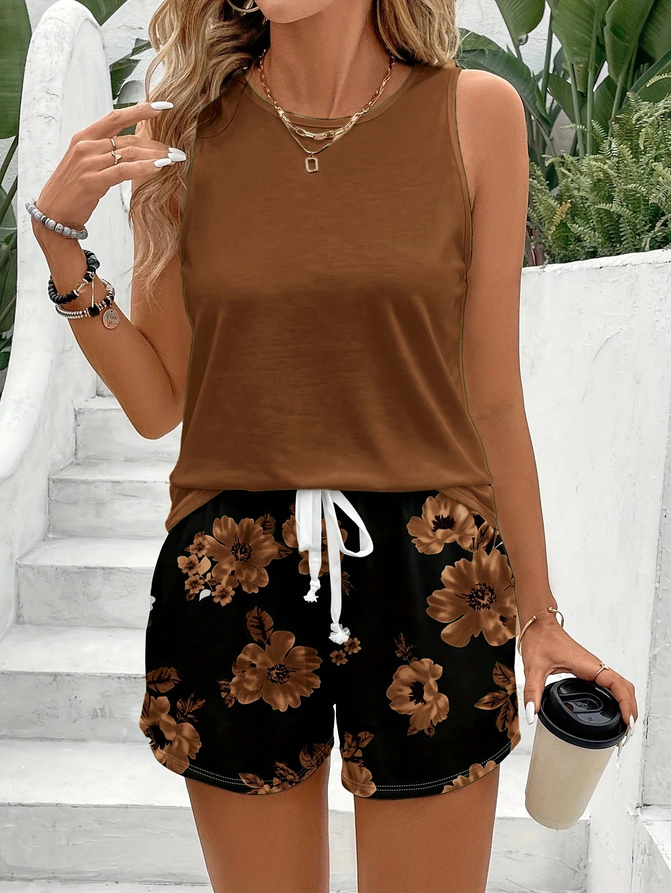 Ensemble 2 pièces de pyjama pour femme pour toutes les saisons, printemps et été, short élégant à imprimé floral, haut sans manches, ensemble pyjama débardeur MAEJORKEN