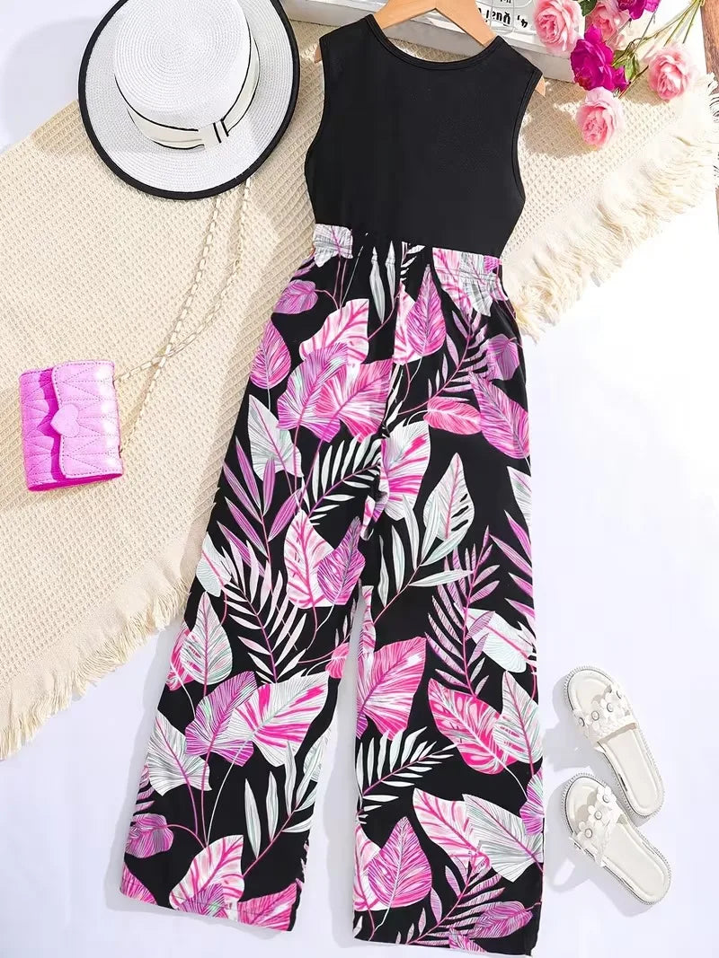 Combinaison tropicale pour filles – Haut noir sans manches avec pantalon à jambes larges à imprimé feuilles roses pour l'été MAEJORKEN