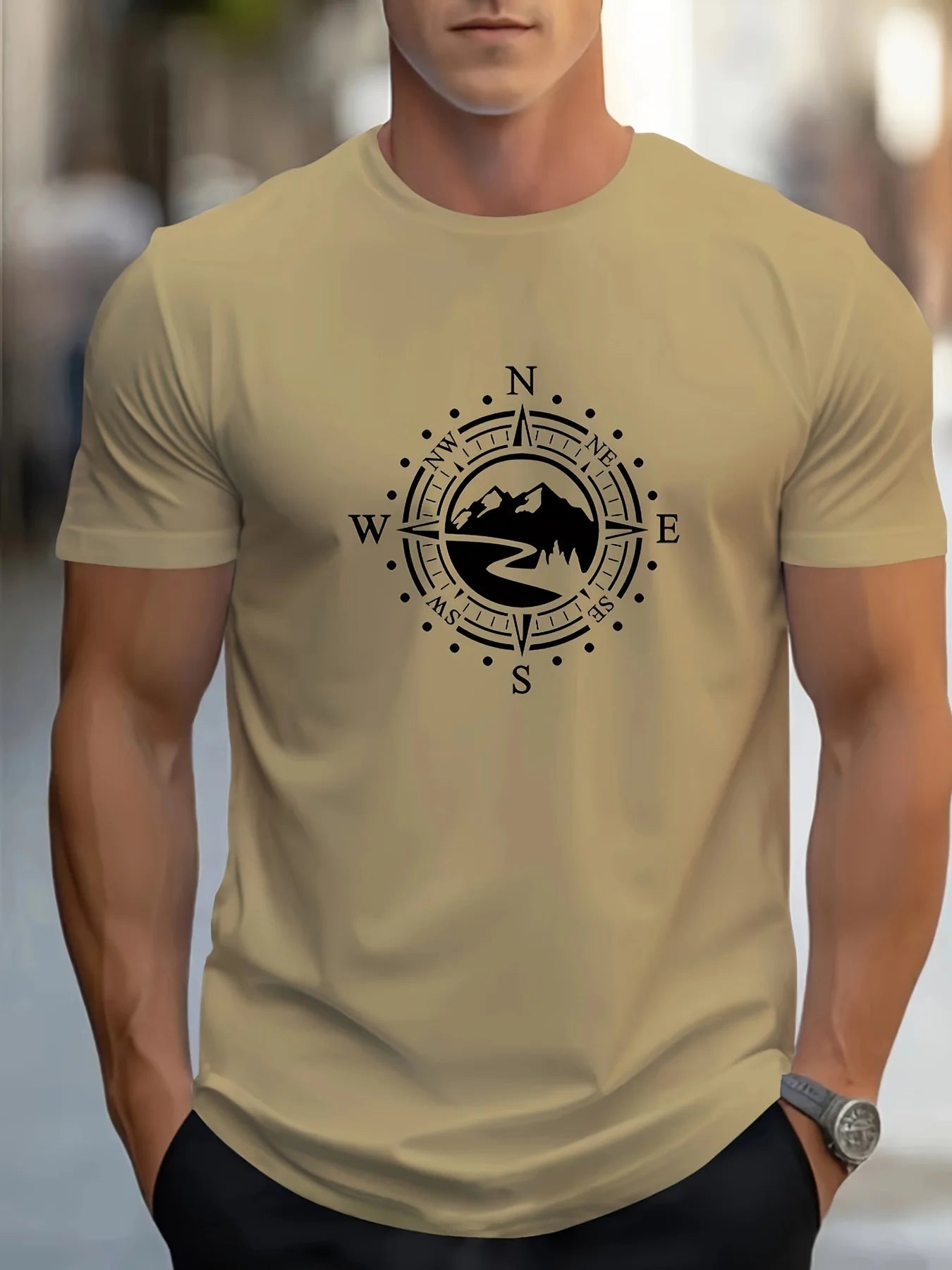 T-shirt manches courtes col rond pour hommes, décontracté, ample, grand motif de boussole imprimé, sport, confortable, été MAEJORKEN