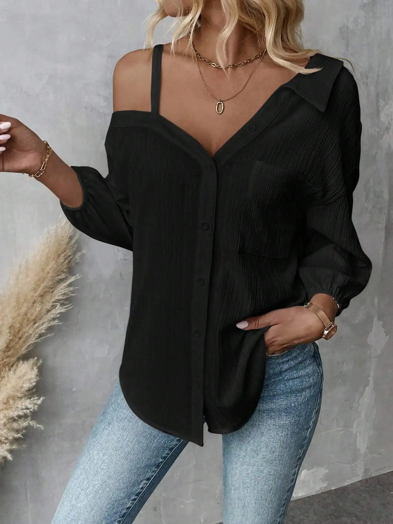 Chemise élégante pour femmes, épaules dénudées, trois quarts, chemisier sexy, décontracté, boutons unis, chemise ample, hauts de bureau pour femmes, streetwear, tuniques du S au XL MAEJORKEN