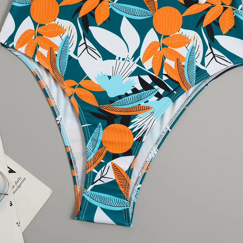 Maillot de bain une pièce imprimé tropical 2026 avec nœud latéral et ceinture, rembourré, pour femme, tenue de plage estivale MAEJORKEN