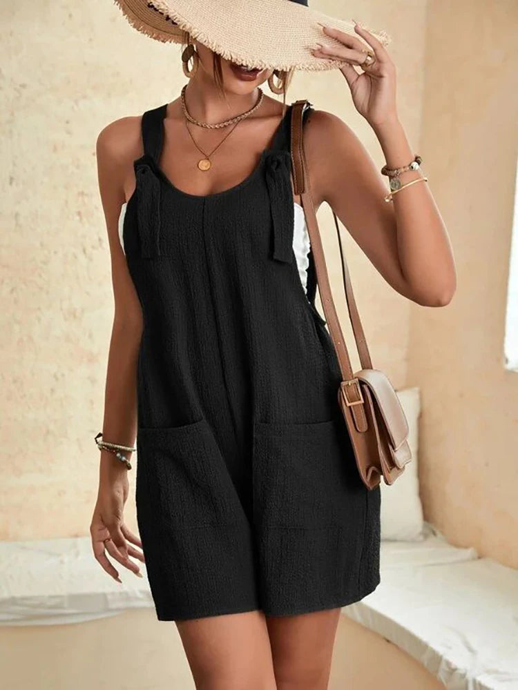 Femmes été décontracté barboteuses courtes élégant solide sans manches cravate noeud sangle combinaisons Vintage Harajuku salopette ample avec poches MAEJORKEN