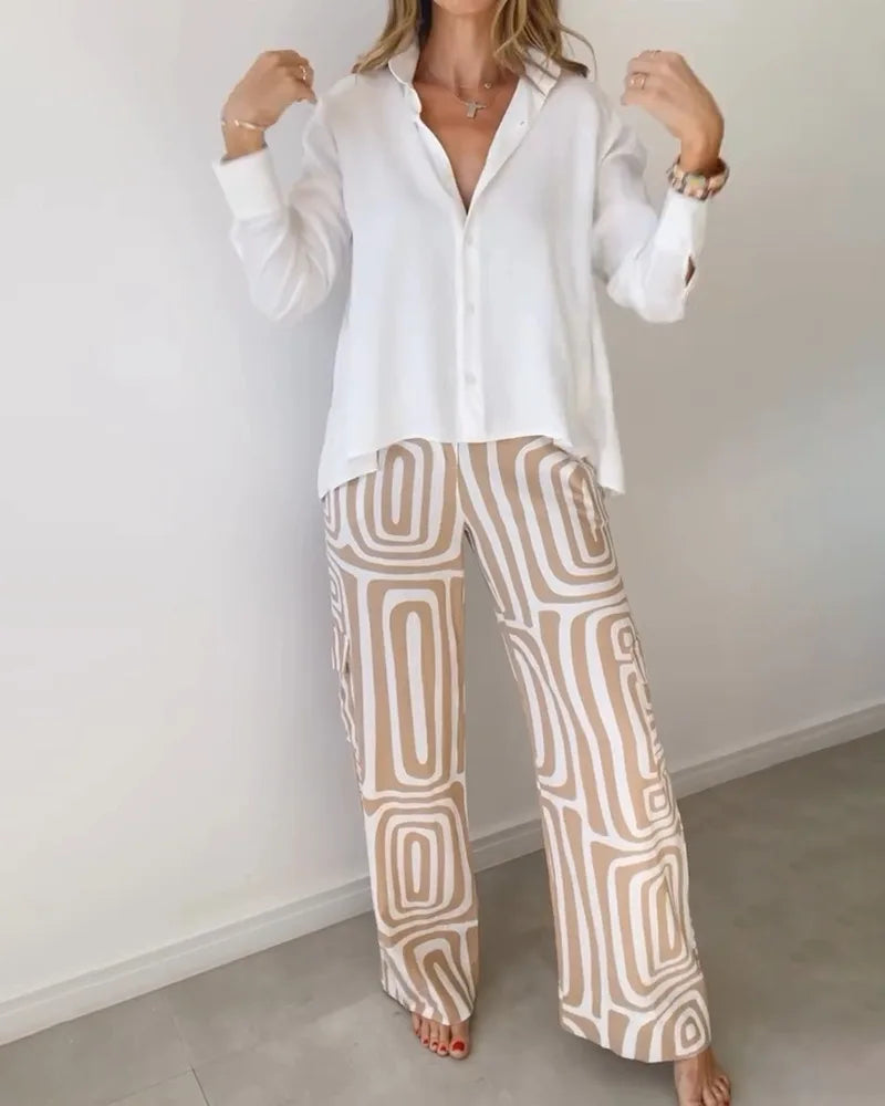 Ensemble élégant décontracté couleur unie taille élastique pantalon imprimé du S au 3XL