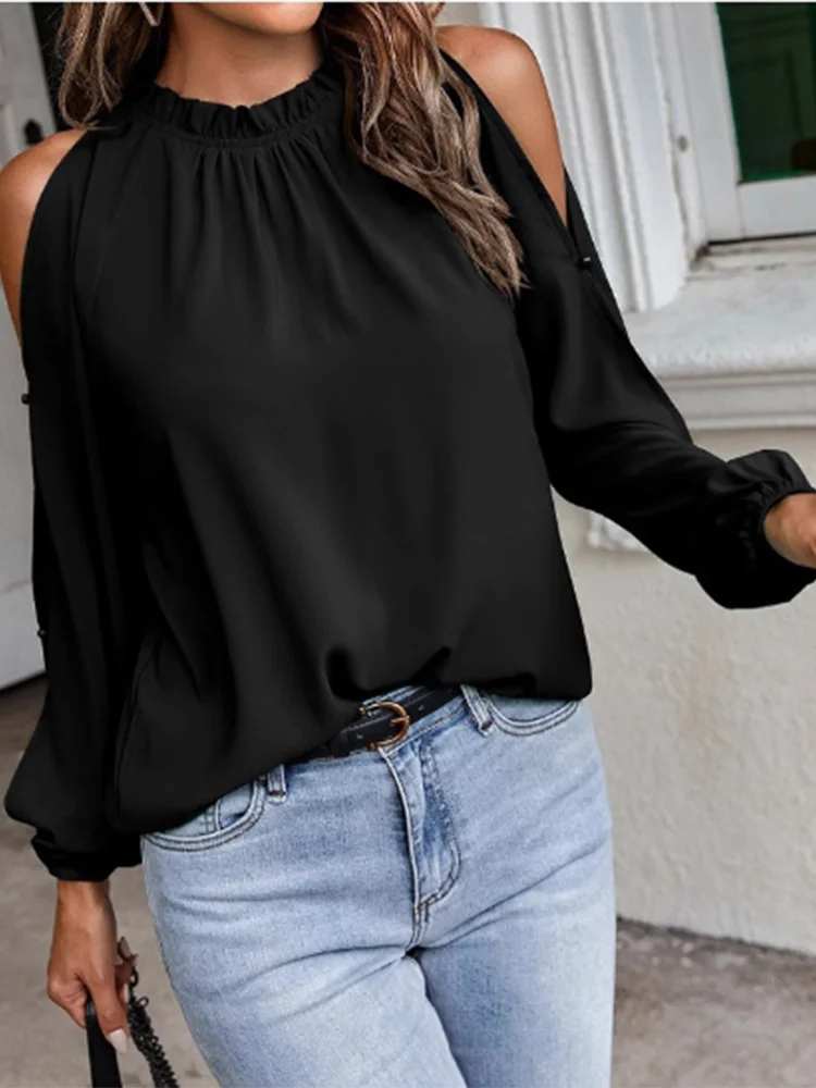 Chemise plissée à manches longues et col rond pour femme, épaules dénudées, Sexy, couleur unie, bureau quotidien, élégant, polyvalent, printemps MAEJORKEN