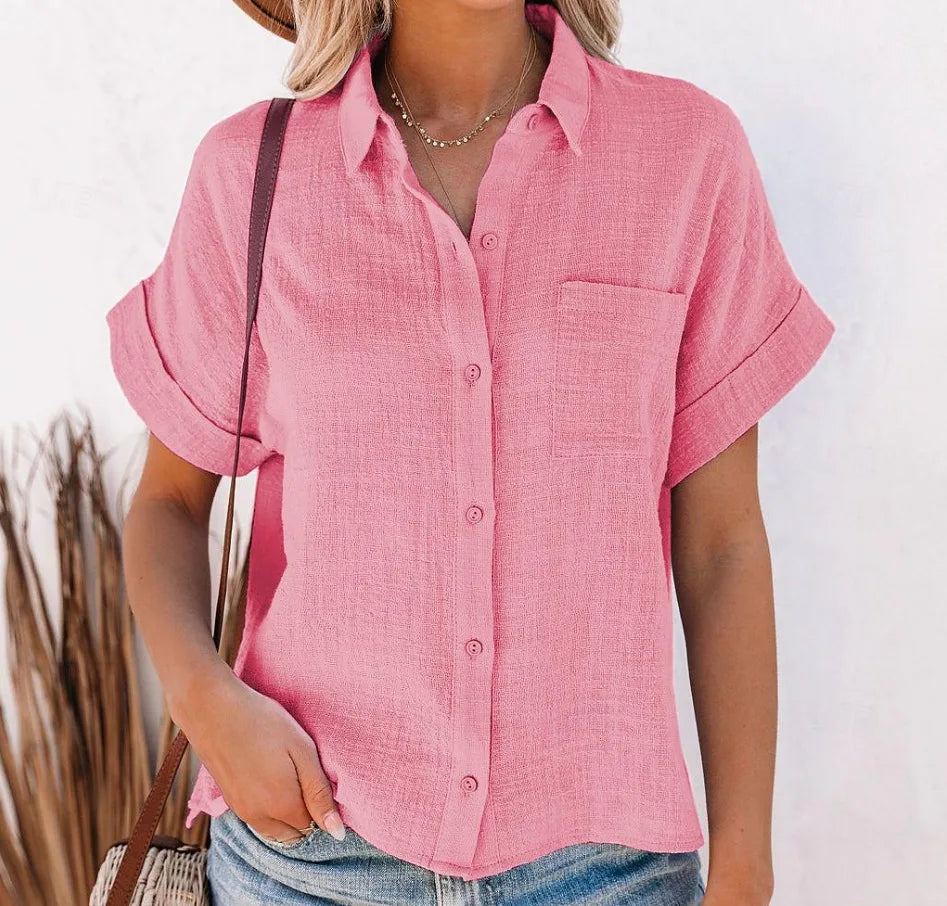 Chemise d'été élégants en coton et lin pour femmes, manches courtes, revers boutonné du S au 2XL MAEJORKEN