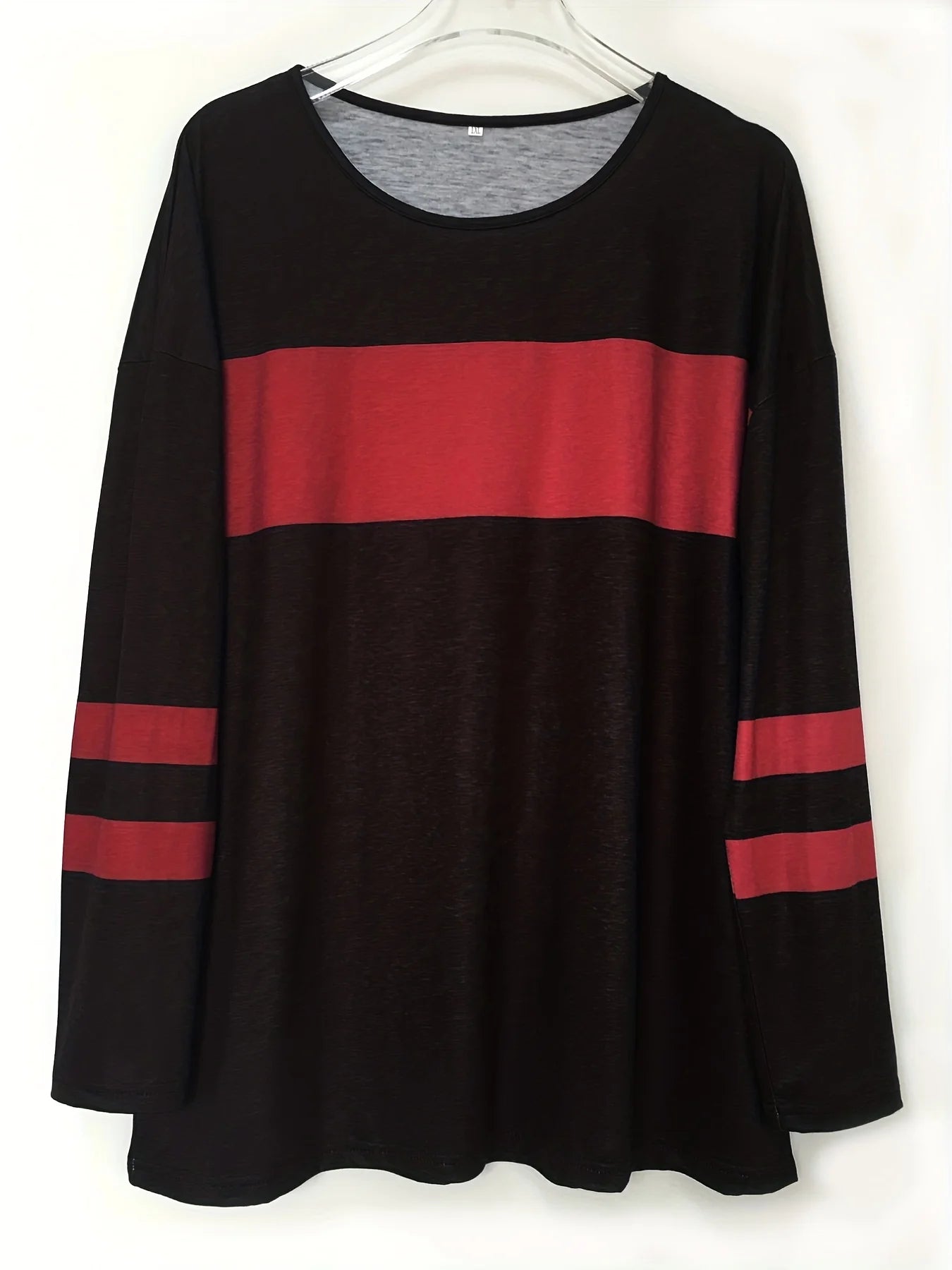 T-shirt tunique imprimé à rayures color block grande taille pour femme avec manches longues et légèrement extensible - Décontracté et confortable MAEJORKEN