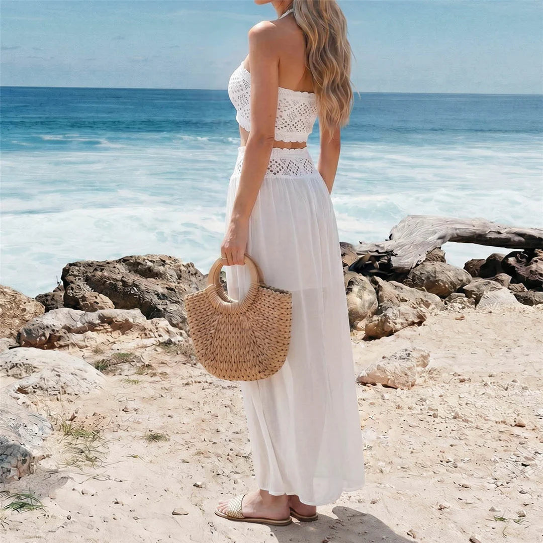 Robe de plage cache-maillot S-XL pour femme, ensemble 2 pièces bandeau en crochet tricoté, tunique de plage V8218 MAEJORKEN