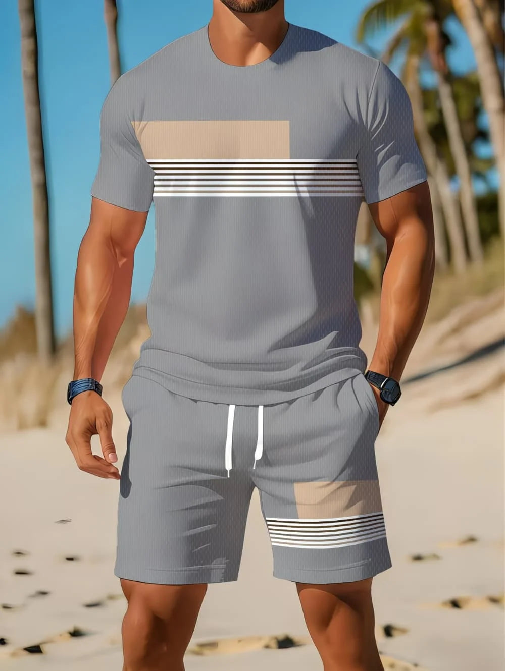 Nouvel Arrivage Été 2026 – Ensemble Décontracté Homme Deux Pièces : Chemise Rayée Imprimée 3D à Manches Courtes et Short de Sport – Ensemble de Fitness pour Homme MAEJORKEN