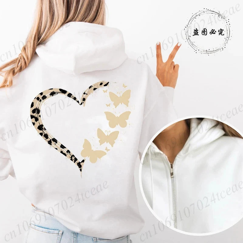 Sweat à capuche avec fermeture éclair pour femmes, Style unisexe, surdimensionné, ample, haut d'extérieur, imprimé cœur, léopard, fermeture éclair, nouvelle collection MAEJORKEN