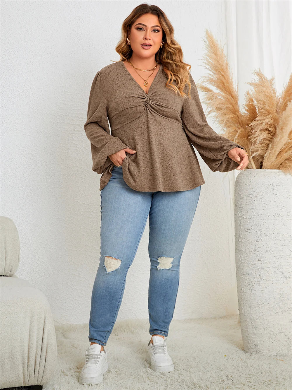 Haut péplum à col en V tunique vintage, manches lanterne du XL au 4XL