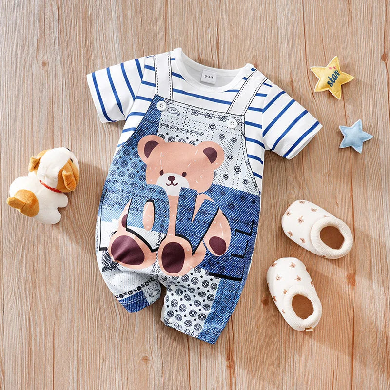 Vêtements de bébé ours de dessin animé mignon pour garçons et filles, fausse sangle initiée, confortable et doux, combinaison d'été à manches courtes, 0-18 MAEJORKEN