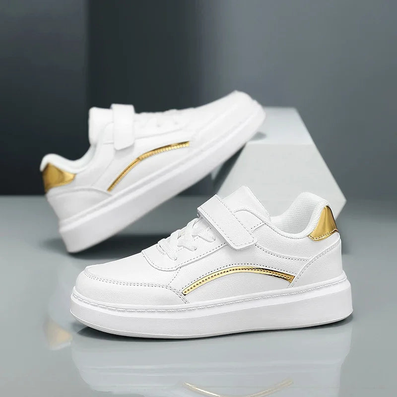 Baskets blanches en cuir PU pour enfants, chaussures de sport décontractées pour garçons, chaussures de Skate d'école de luxe, baskets de Tennis d'automne pour garçons MAEJORKEN