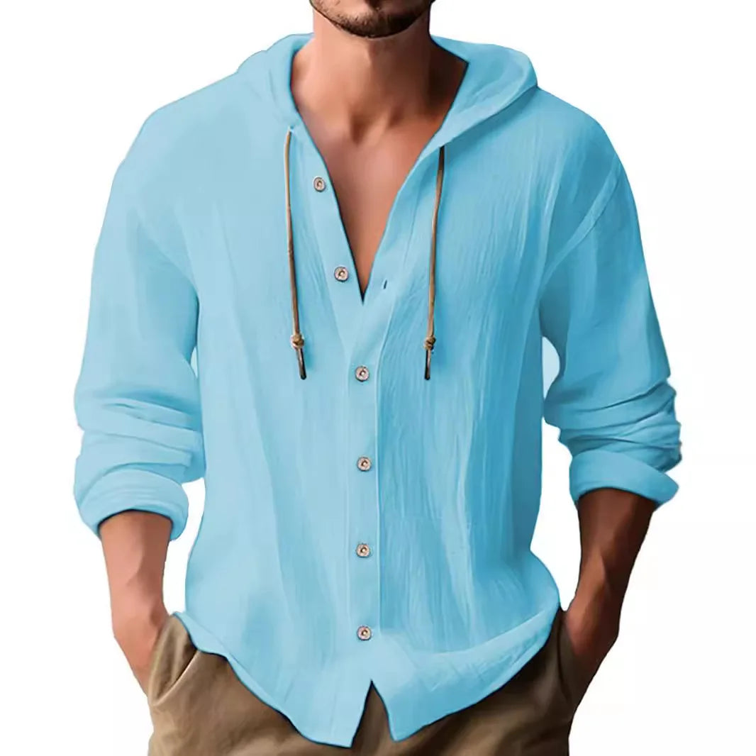 Chemise d'été en lin pour hommes à capuche manches longues du S au 3XL