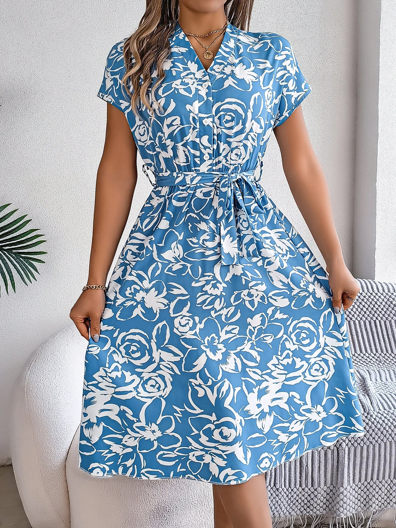 Robes décontractées pour femmes, col en v, boutons, imprimé floral, manches courtes, robe trapèze, printemps été MAEJORKEN