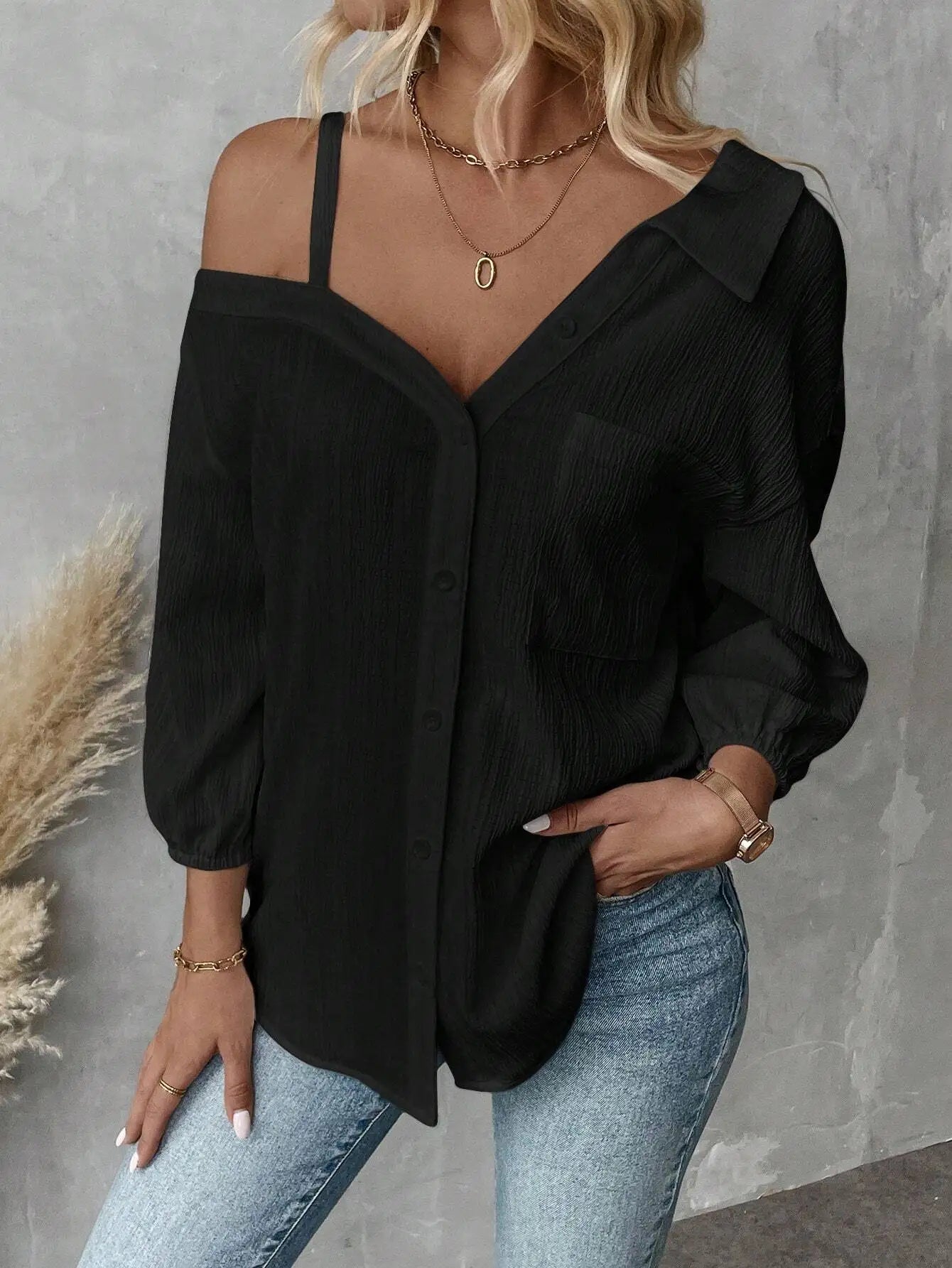 Chemise élégante pour femmes, épaules dénudées, trois quarts, chemisier sexy, décontracté, boutons unis, chemise ample, hauts de bureau pour femmes, streetwear, tuniques du S au XL MAEJORKEN