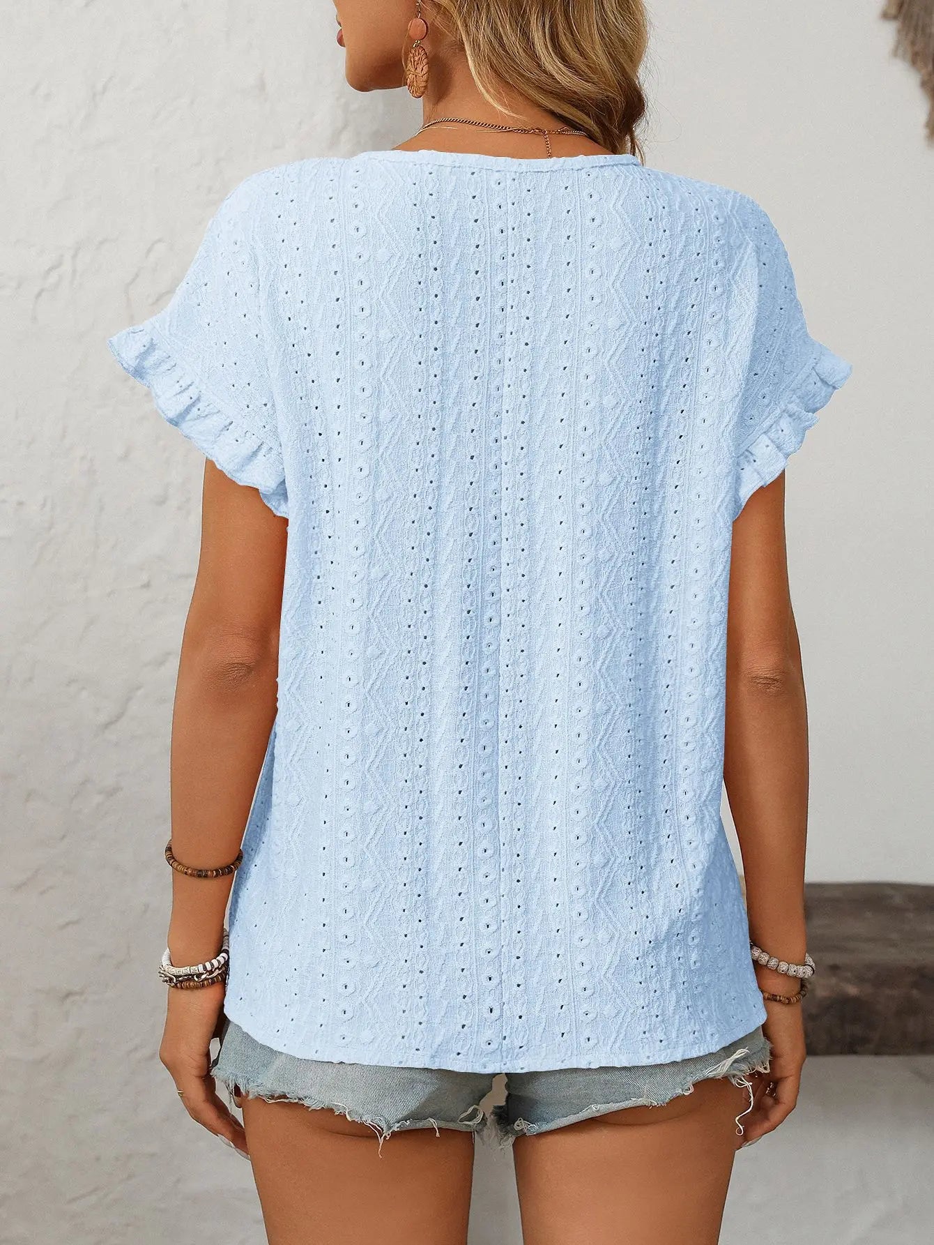 T-shirt à manches courtes et col rond pour femme, couleur unie, doux, ajouré du S au 2XL
