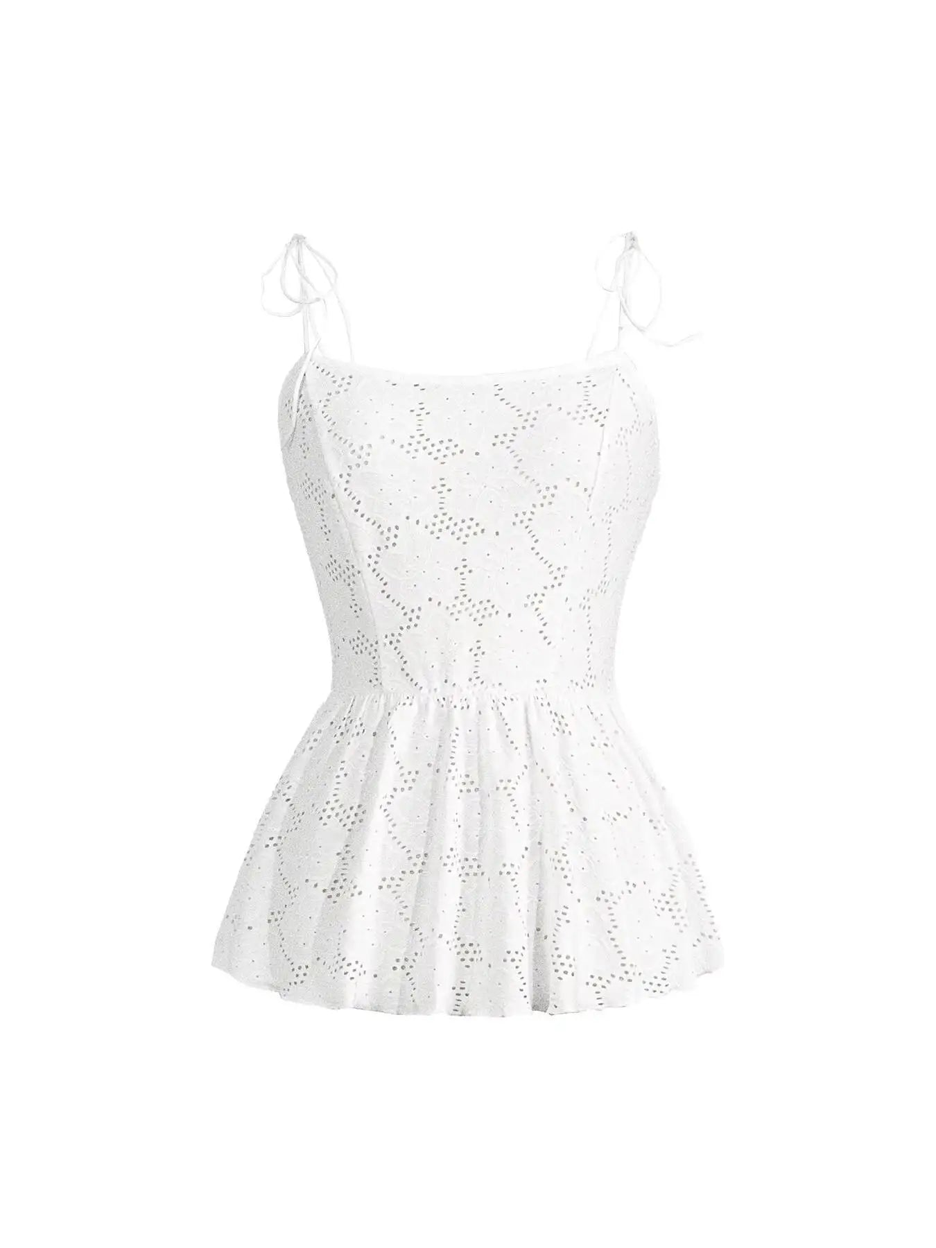 Débardeur Femme Printemps-Été Blanc en Dentelle à Nœuds Bretelles Fines Col Carré Ourlet Peplum Décontracté pour les Vacances MAEJORKEN