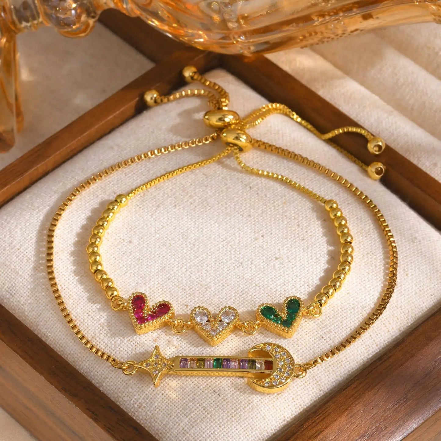 Zcomprend-Bracelet coeur en pierre colorée pour femme, lune, étoile, boîte réglable, bijoux JOWristband, cadeau pour petite amie, jour de Léon MAEJORKEN