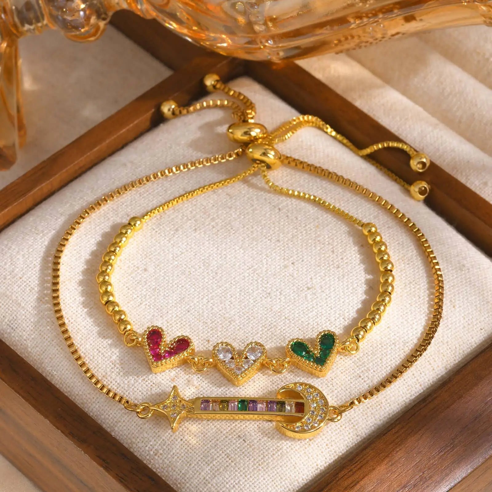 Zcomprend-Bracelet coeur en pierre colorée pour femme, lune, étoile, boîte réglable, bijoux JOWristband, cadeau pour petite amie, jour de Léon MAEJORKEN