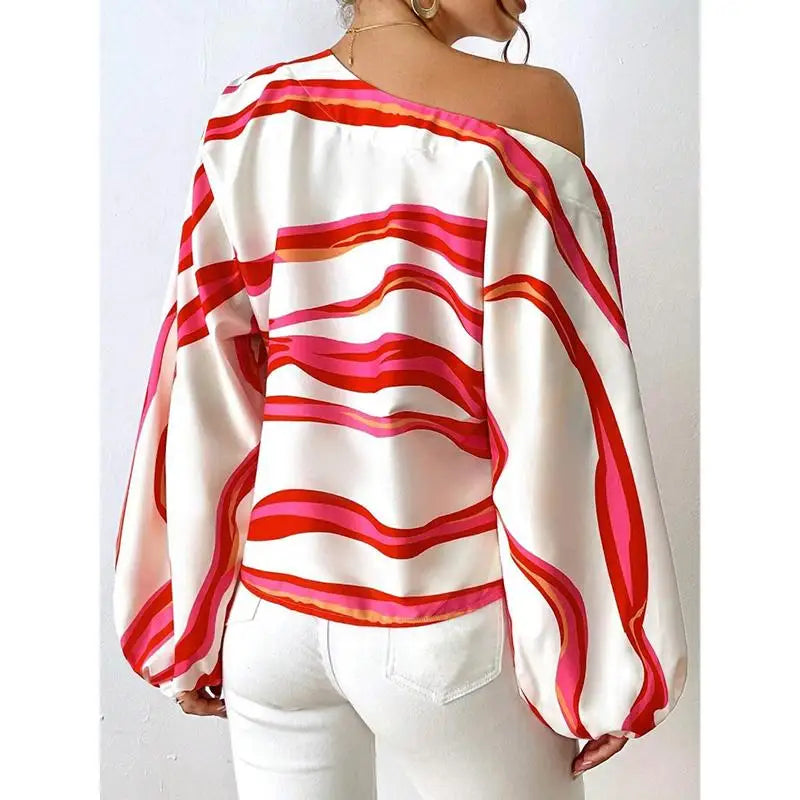Mode à manches longues Sexy épaules nues chemises femmes Slash cou imprimé Blouses décontractées en vrac femmes élégant Simple dame chemise hauts MAEJORKEN