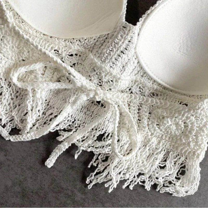 Soutien gorges de maillot de bain de plage sexy pour femmes, dos nu, col licou, crochet, tricot,  glaçure creuse, pompon, haut précieux MAEJORKEN