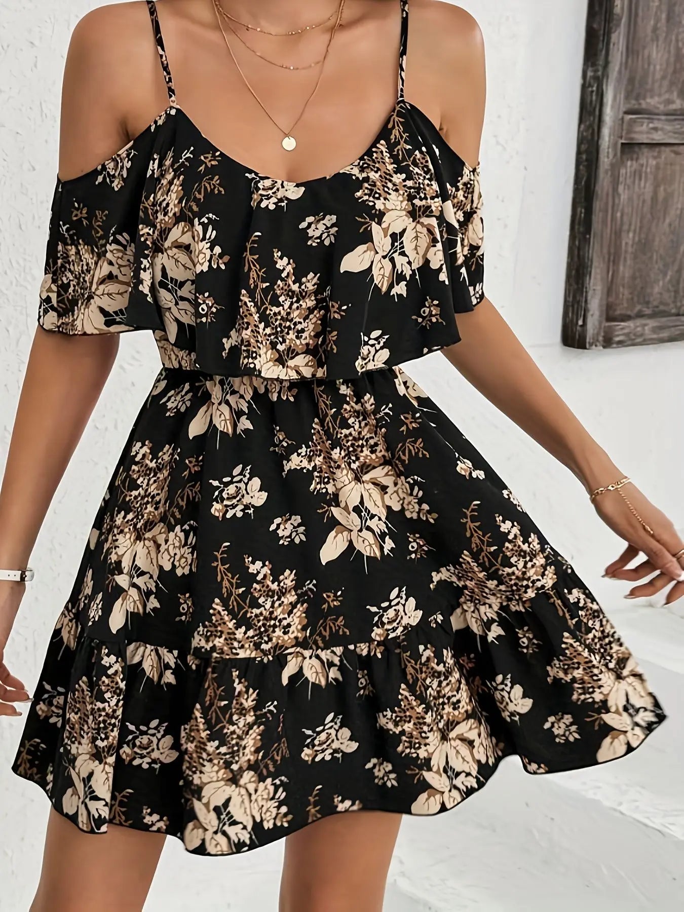 Mini robe imprimée élégante à col licou pour femmes, jupe plissée à taille avec nœud, manches courtes, col en v, à la mode MAEJORKEN
