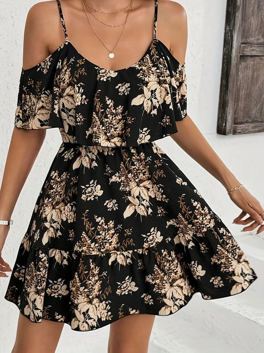 Mini robe imprimée élégante à col licou pour femmes, jupe plissée à taille avec nœud, manches courtes, col en v, à la mode MAEJORKEN
