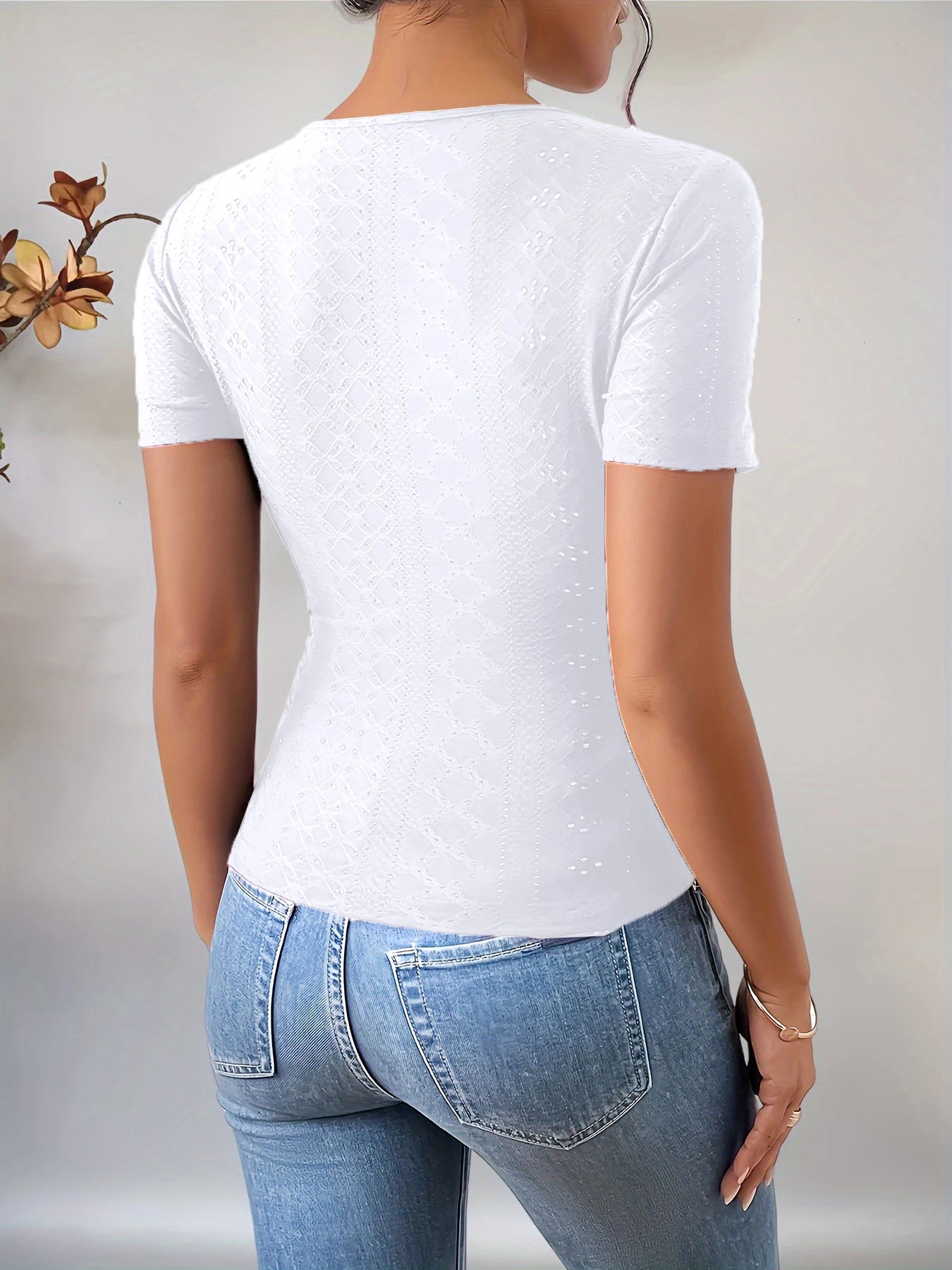 T-shirt ajouré pour femmes, nouveau style, col en v, boutonné, slim, décontracté MAEJORKEN