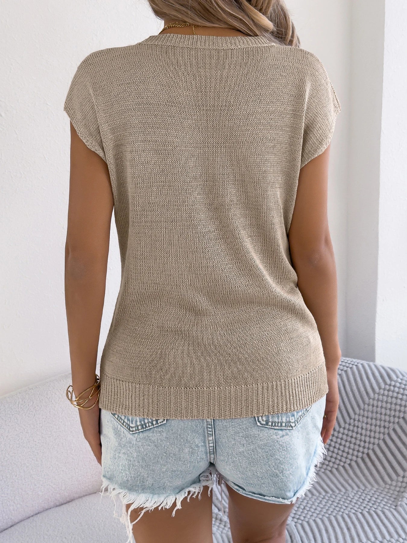 Pull tricoté d'été pour femme, décontracté, ajouré, col rond, torsadé, couleur unie, manches courtes, abricot, kaki, vêtements pour femmes, 2025 MAEJORKEN